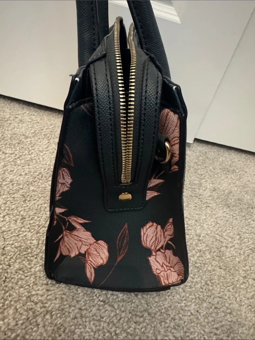 a new day Dark Green Satchel with Blush Pink Floral Print and Gold Accent